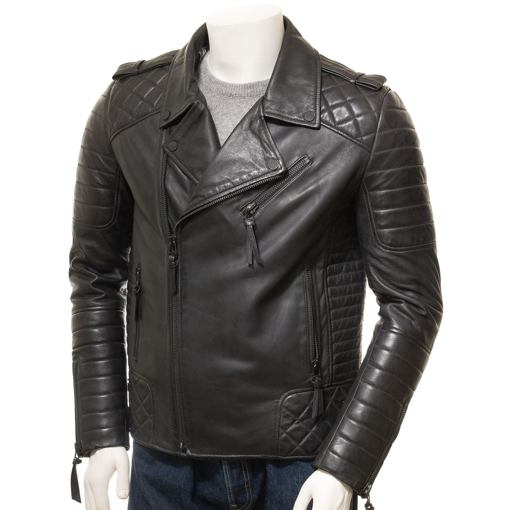 Mens BLACK Leather Jacket | Genuine Boda Skin Kay MICHEAL Leather Quilted Jacket