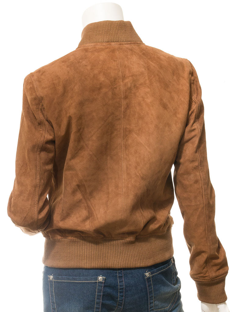Brown suede jacket on a mannequin with a white background