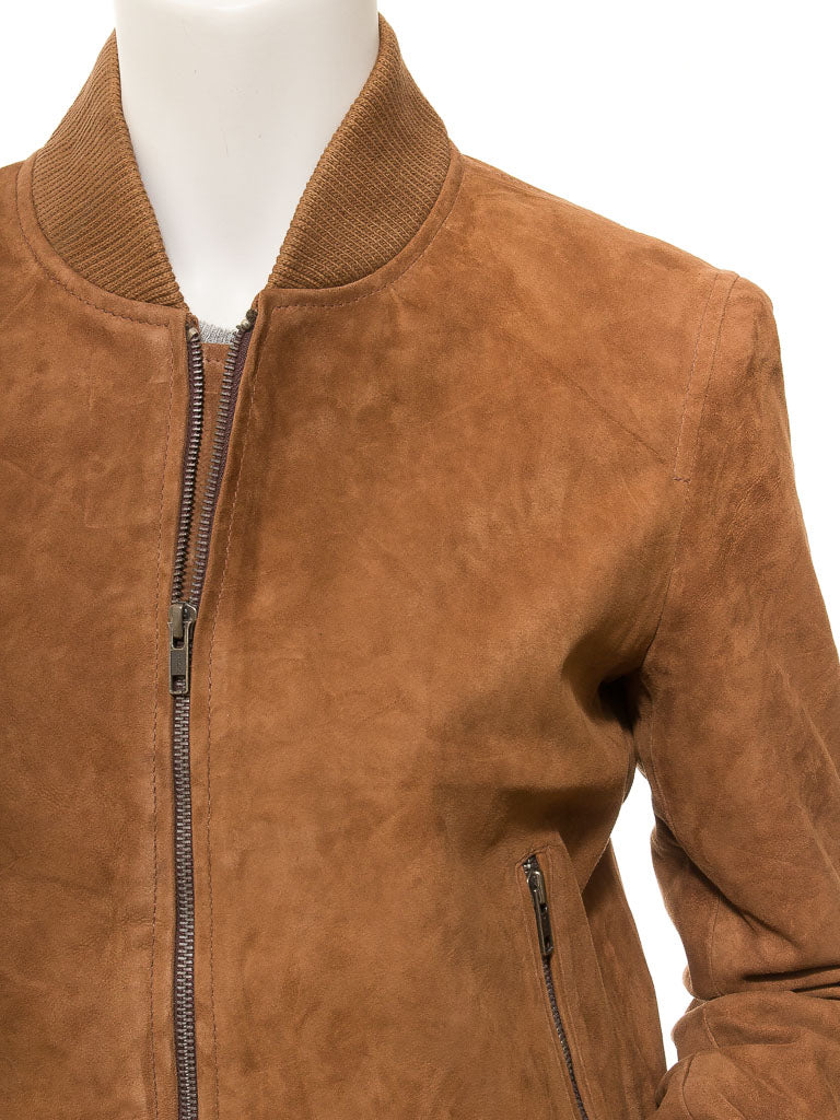Brown suede jacket on a mannequin with a white background