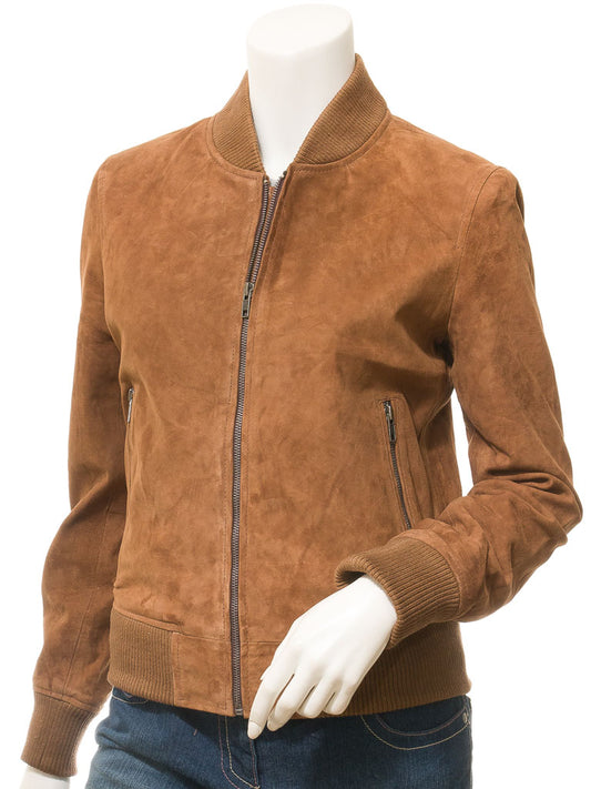 womens-brown-suede-bomber-jacket-front